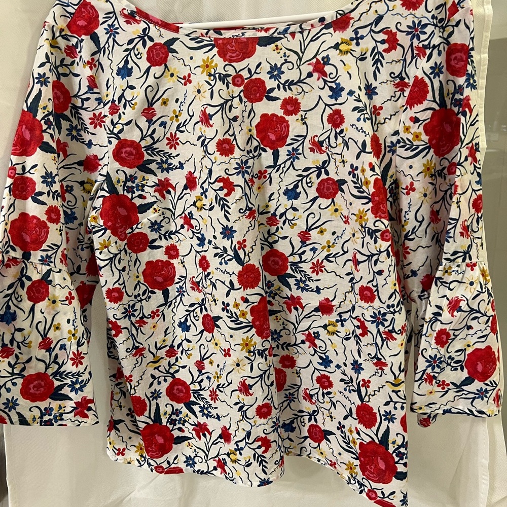 JCrew Flowered Cotton Top w/ Bell Sleeves and Tie Back